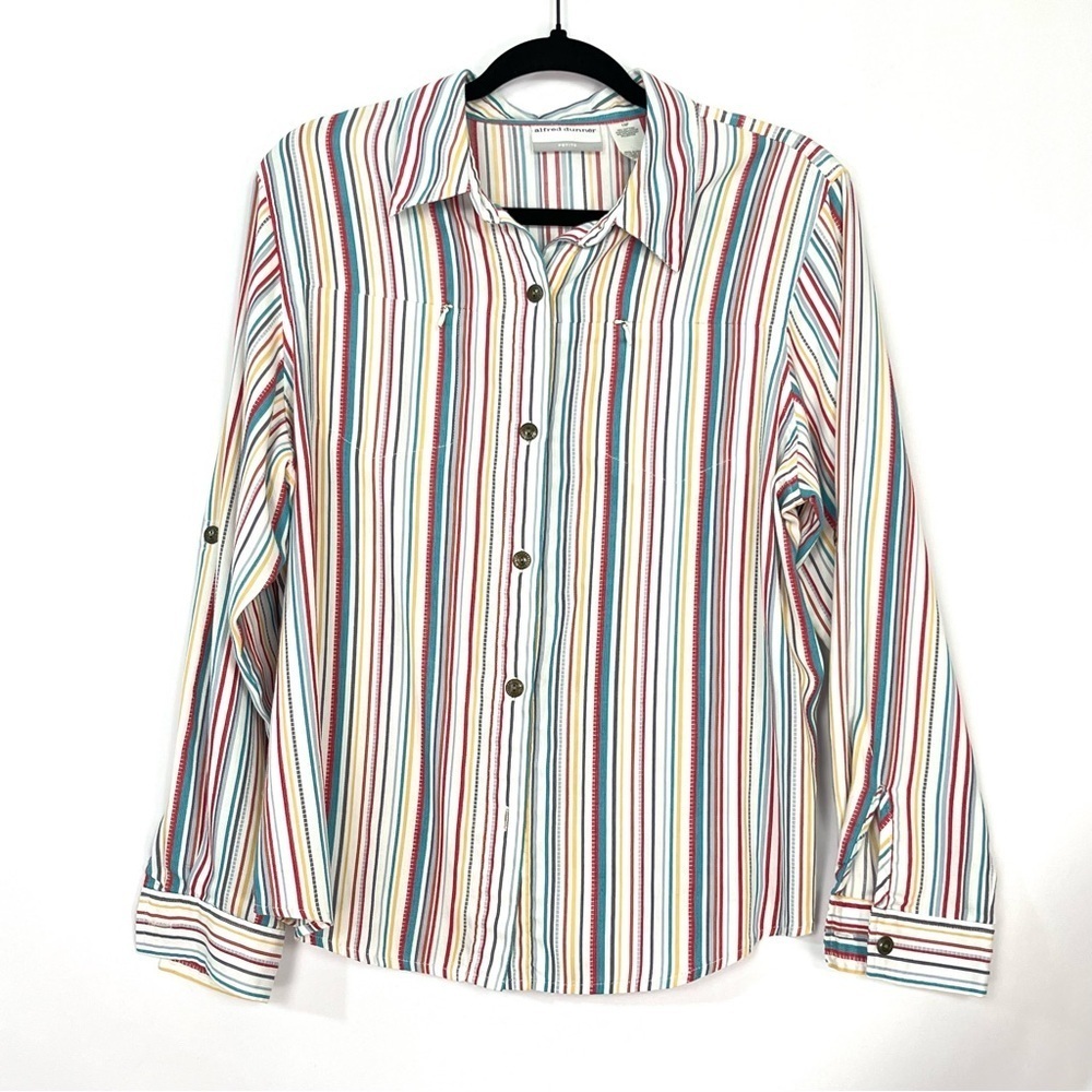 Women’s Alfred Dunner White Multicolored Pinstripe Button Up Shirt Sz 14 Petite